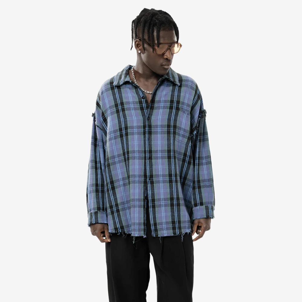 "Plaid" Raw Shirt, Blue#112751