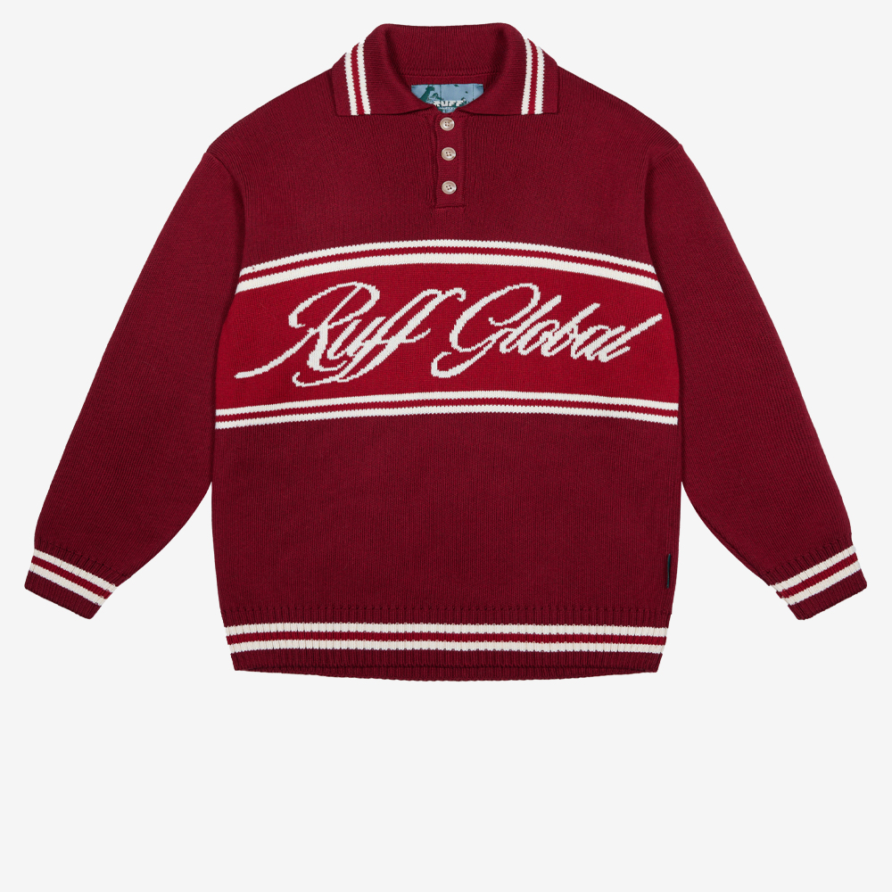 Knit Polo Sweatshirt, Burgundy#112073